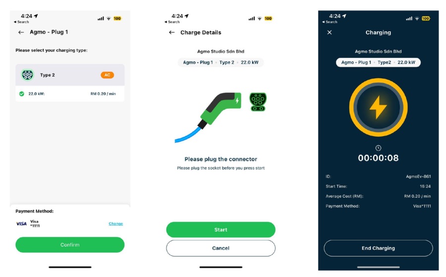 Agmo EV app charging flow screenshots